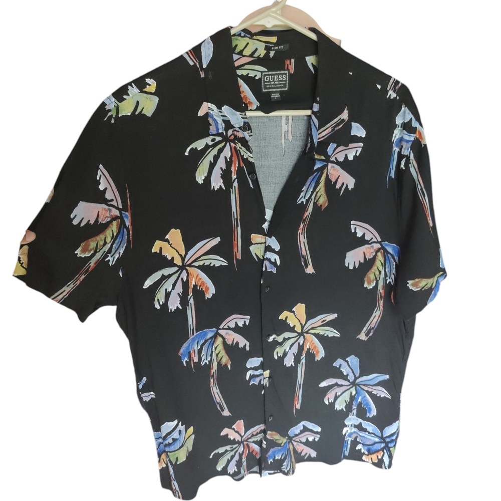 Men's GUESS Black Palm Tree Print Men's Shirt Tropical‎